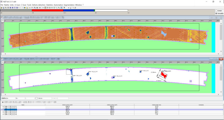 Screenshot of NDTkit UT showing the result of automated defect detection