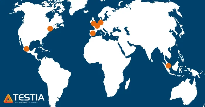 World map showing Testia sites in France, Germany, Spain, UK, Mexico, Canada and Singapore