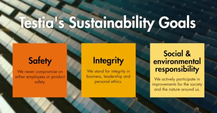 Infographic of the three pillars of Testia's sustainability plan: Safety, Integrity and Social and Environmental responsibility